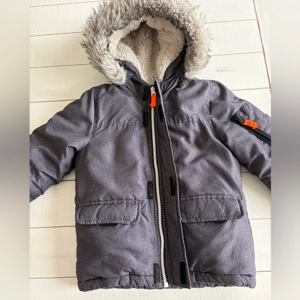 OshKosh B'gosh Charcoal Gray Kids Hooded Coat with Faux Fur Trim Boys 4T